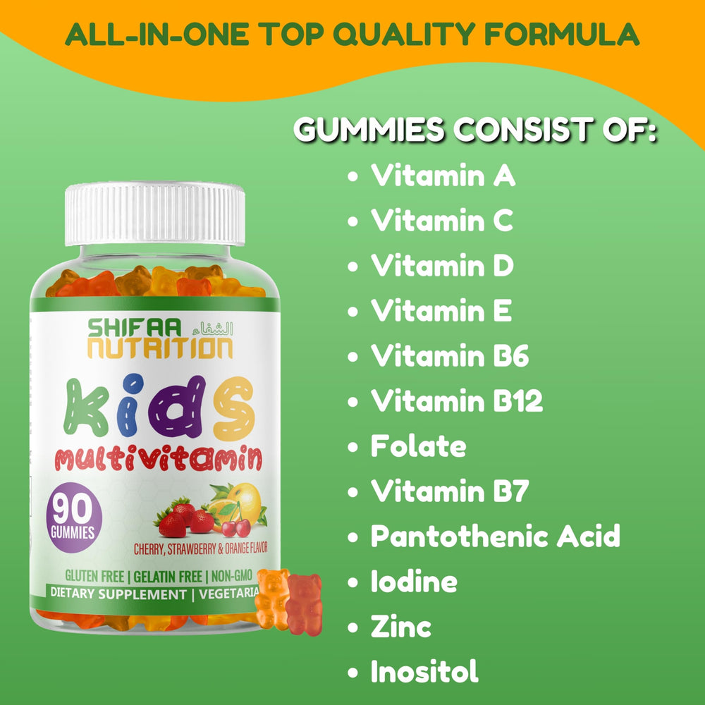 Kids multivitamin bottle with colorful gummies spilled nearby