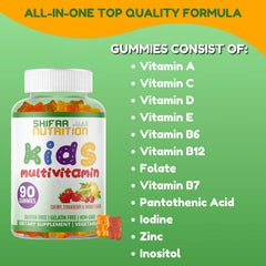 Kids multivitamin bottle with colorful gummies spilled nearby