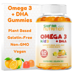 Bottle of SHIFAA NUTRITION gelatin-free kids omega-3 gummies with DHA