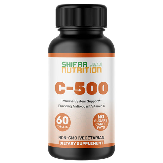 Bottle of SHIFAA NUTRITION Vitamin C-500 tablets with 60 servings