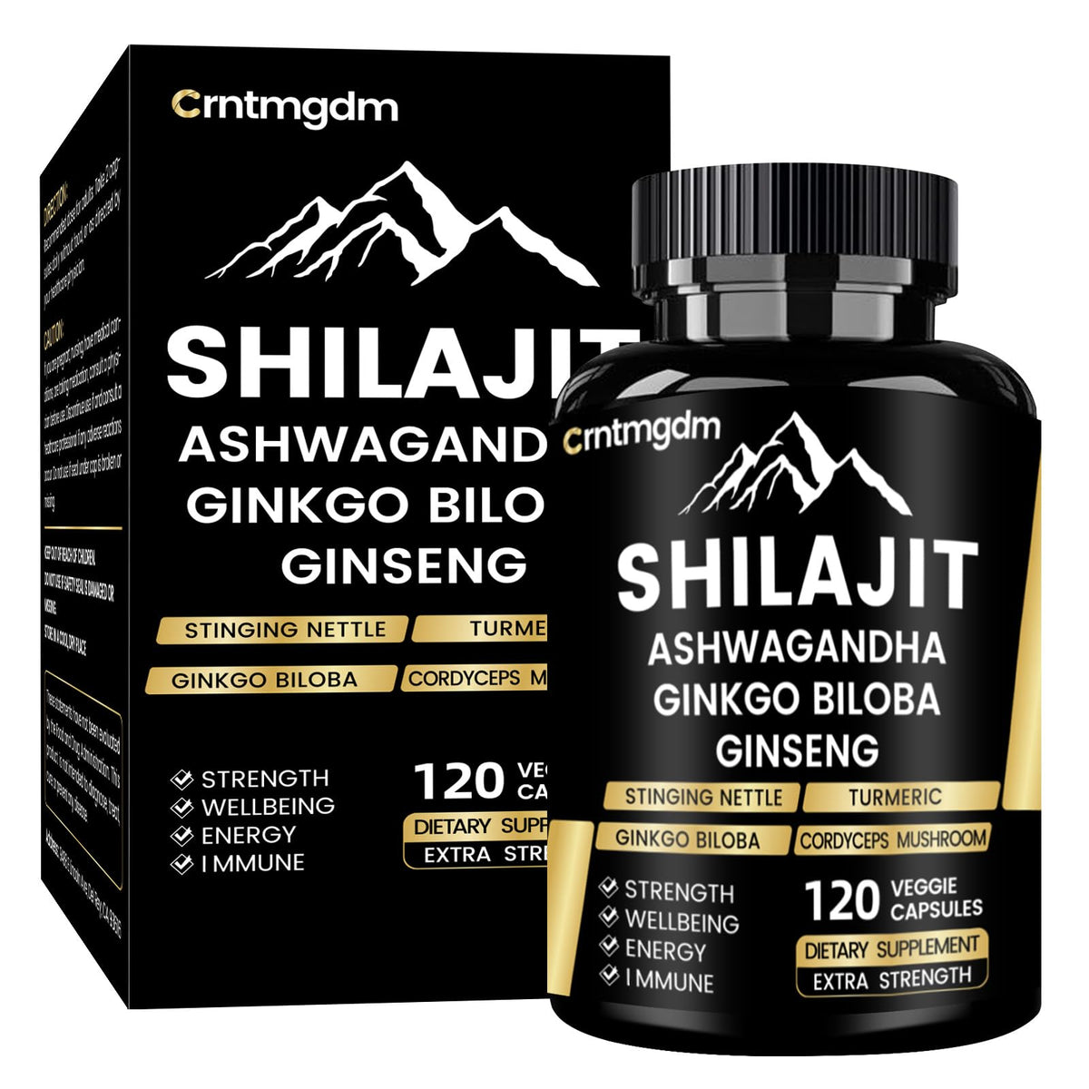Shilajit Capsules bottle with 120 capsules on white background