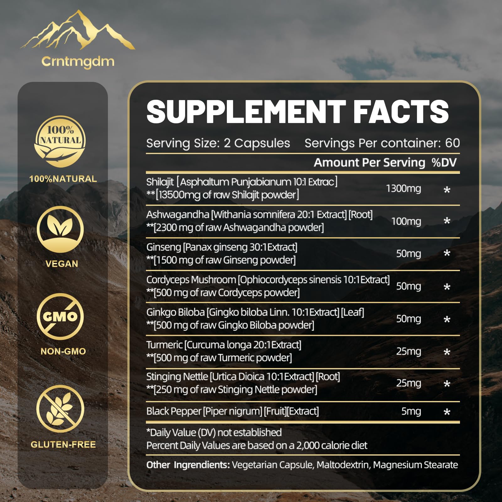 Ashwagandha root and Shilajit capsules on wooden surface