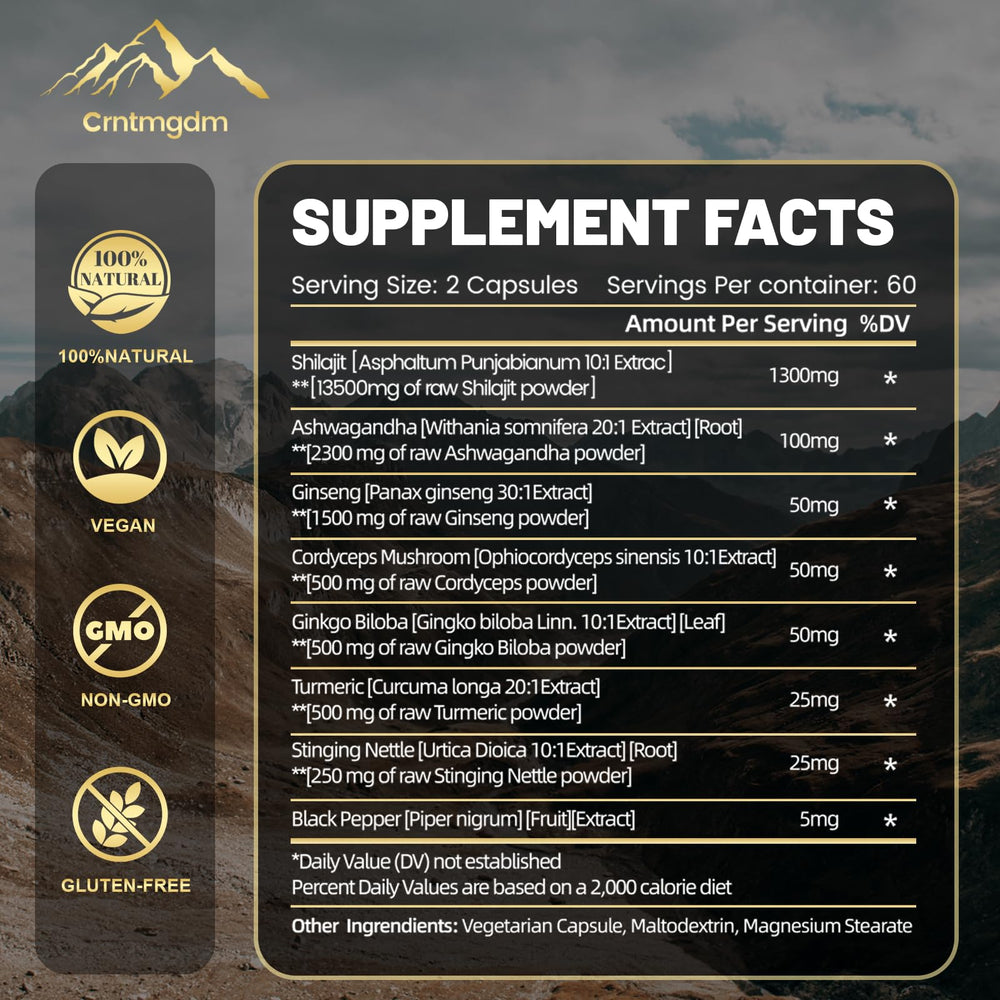 Ashwagandha root and Shilajit capsules on wooden surface