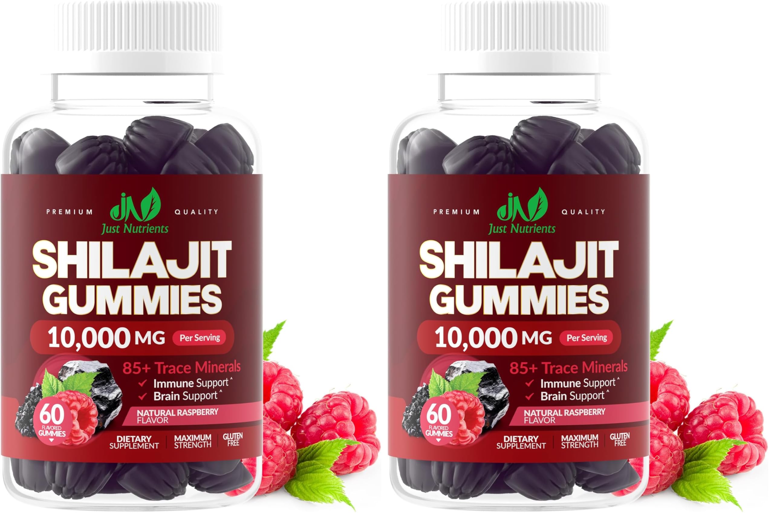 Front label of Shilajit Gummies 10,000mg Raspberry flavor bottle (Pack of 2)
