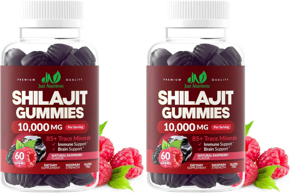 Front label of Shilajit Gummies 10,000mg Raspberry flavor bottle (Pack of 2)