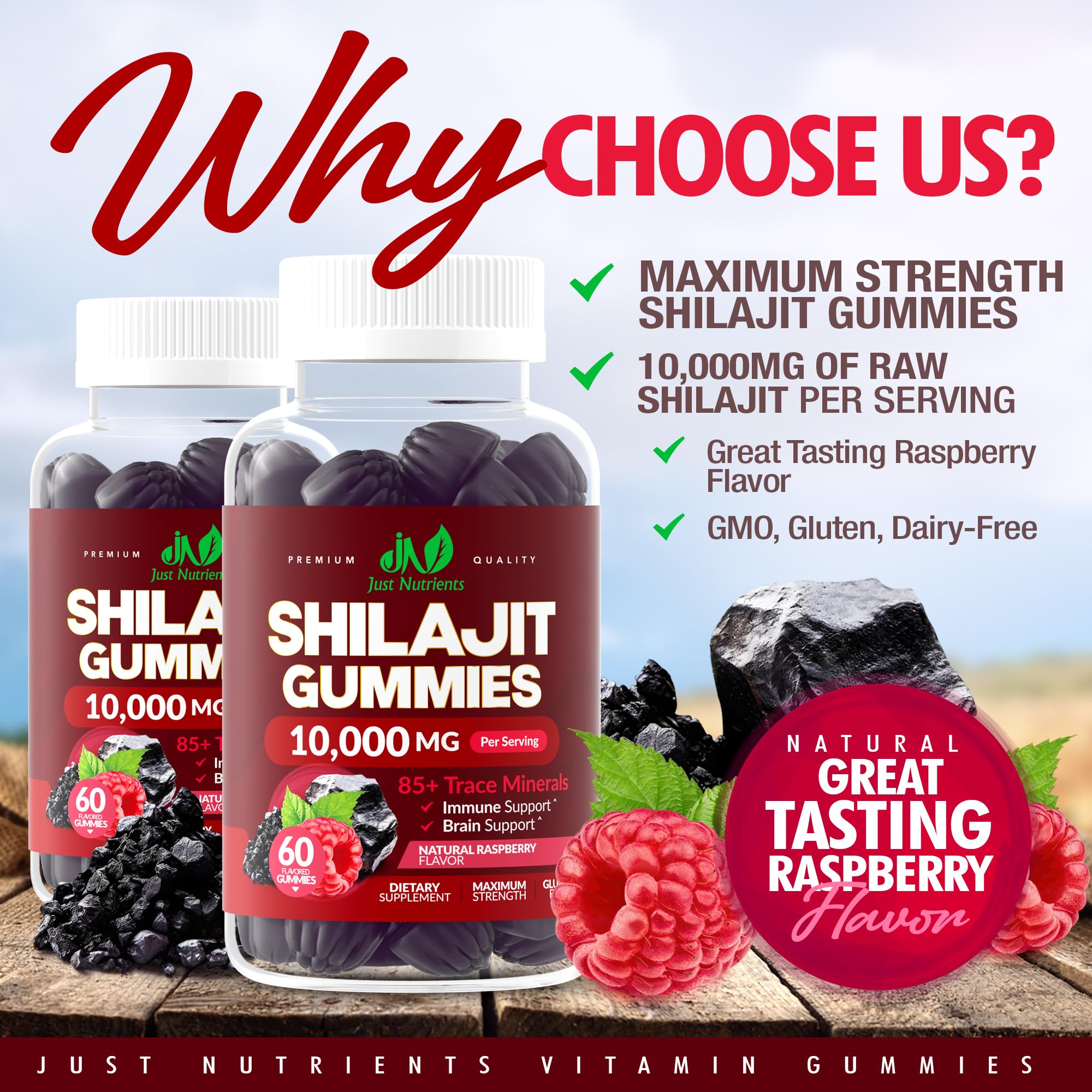 Back/side view of Shilajit Gummies Raspberry flavor bottles