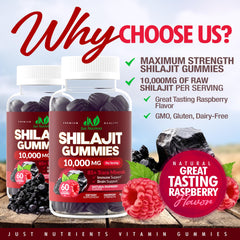 Back/side view of Shilajit Gummies Raspberry flavor bottles