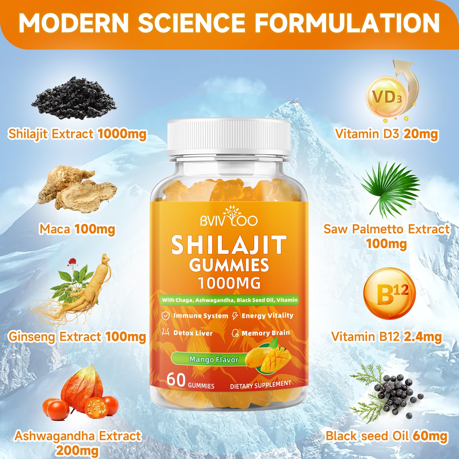 Vegan, gluten-free Shilajit Gummies packaging