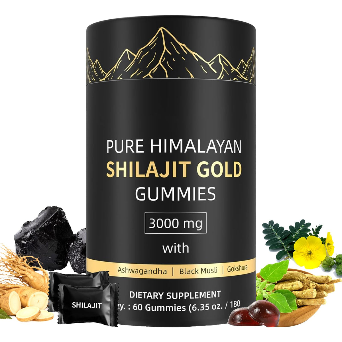 Shilajit Gummies bottle with 60 gummies on white background