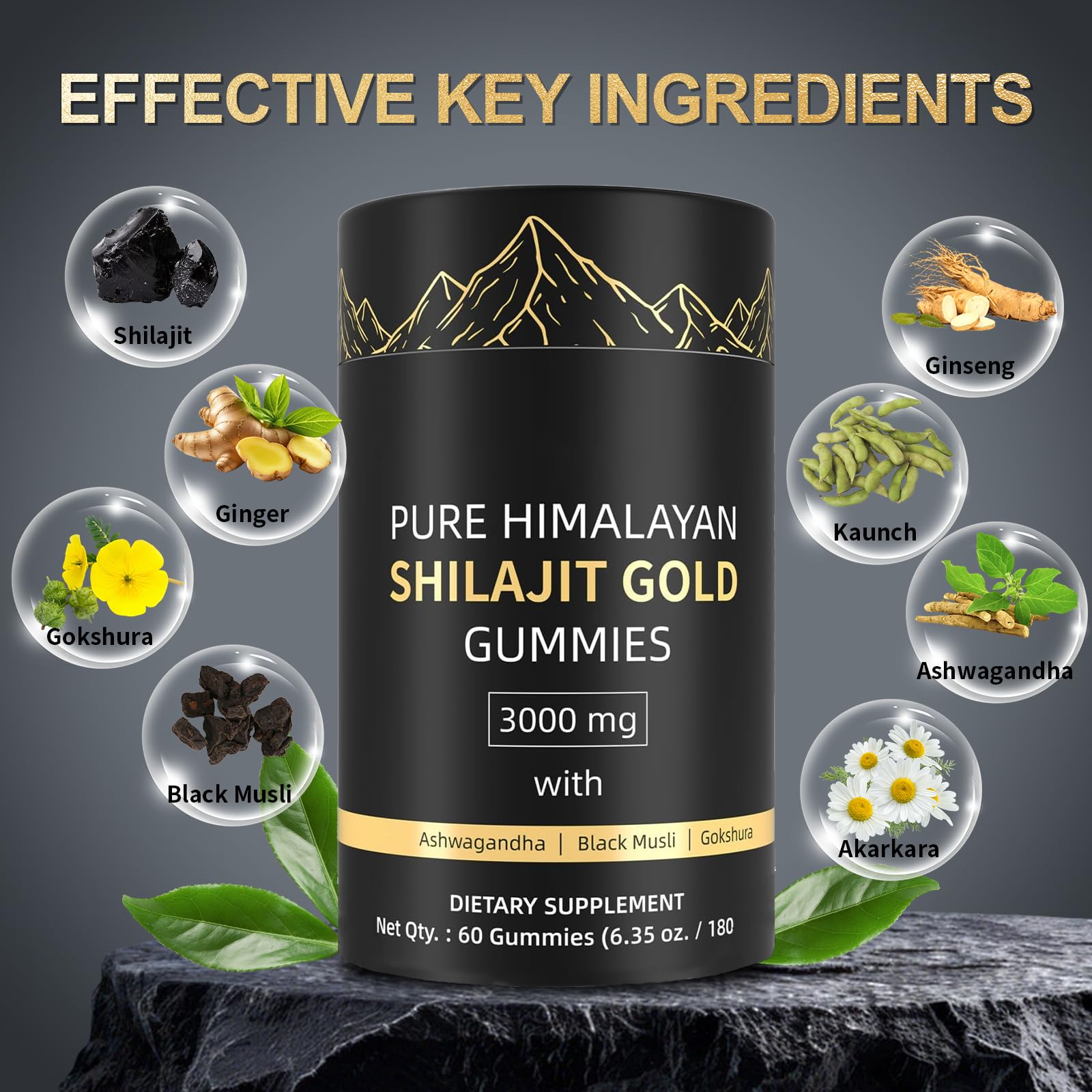 Ashwagandha, Gokshura and saffron herbs beside gummies