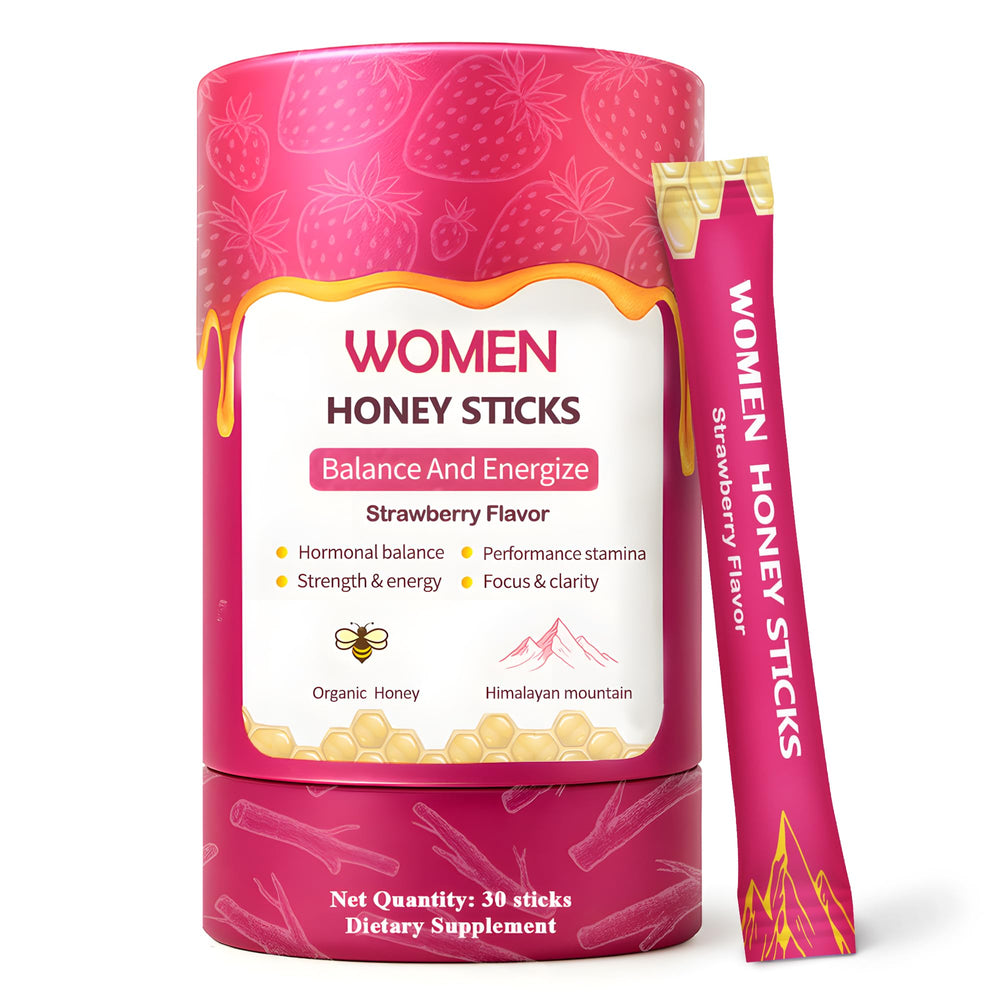 Front view of Shilajit Honey Sticks for Women in strawberry flavor