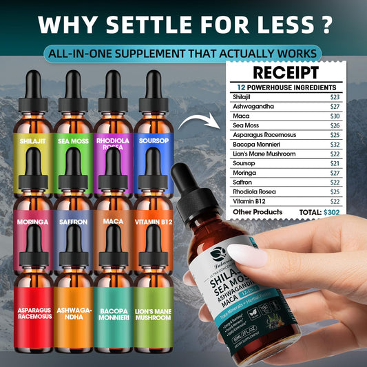 Sea Moss and herbs blend with Shilajit and Maca in liquid form