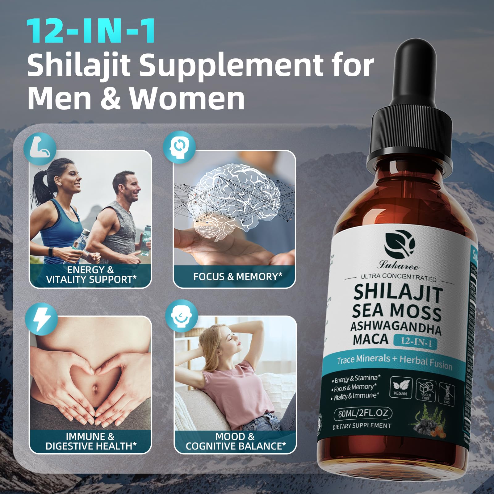 Liquid drops showing Vitamin B12 and 85+ minerals