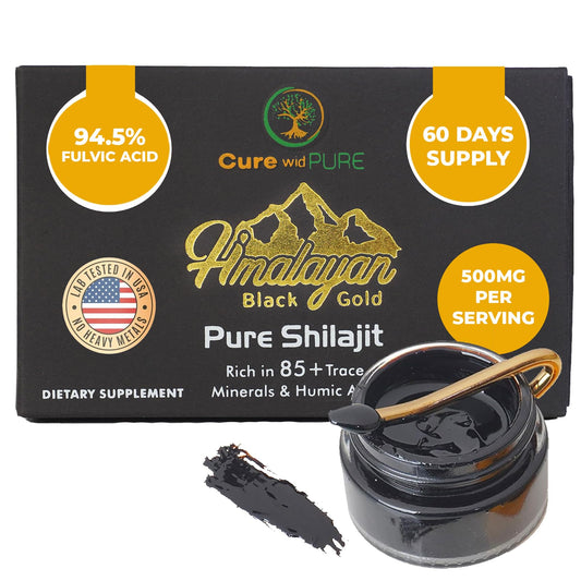 Pure Himalayan Shilajit resin bottle showing 94.5% fulvic acid