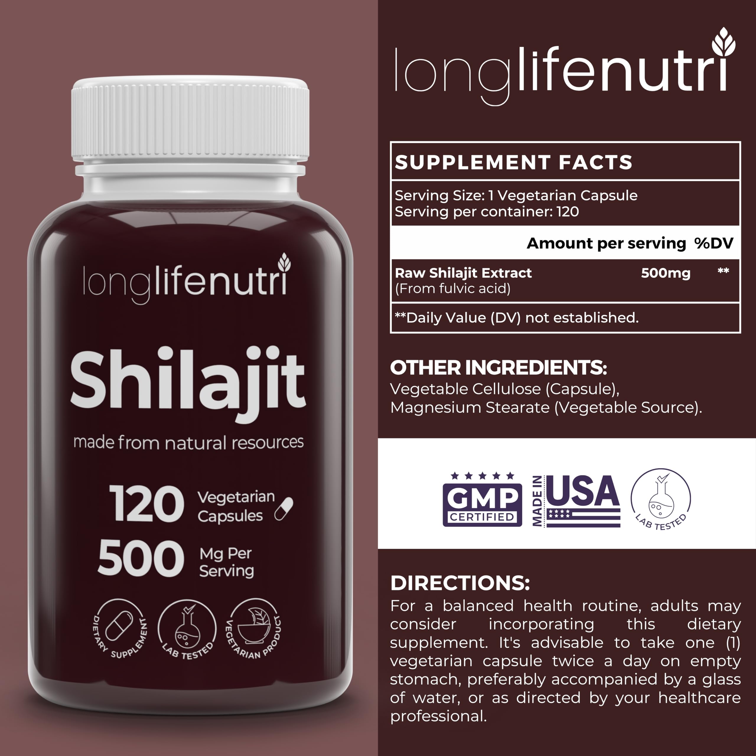 Front view of Shilajit capsules in bottle