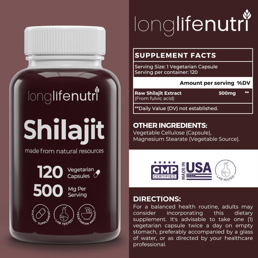Front view of Shilajit capsules in bottle