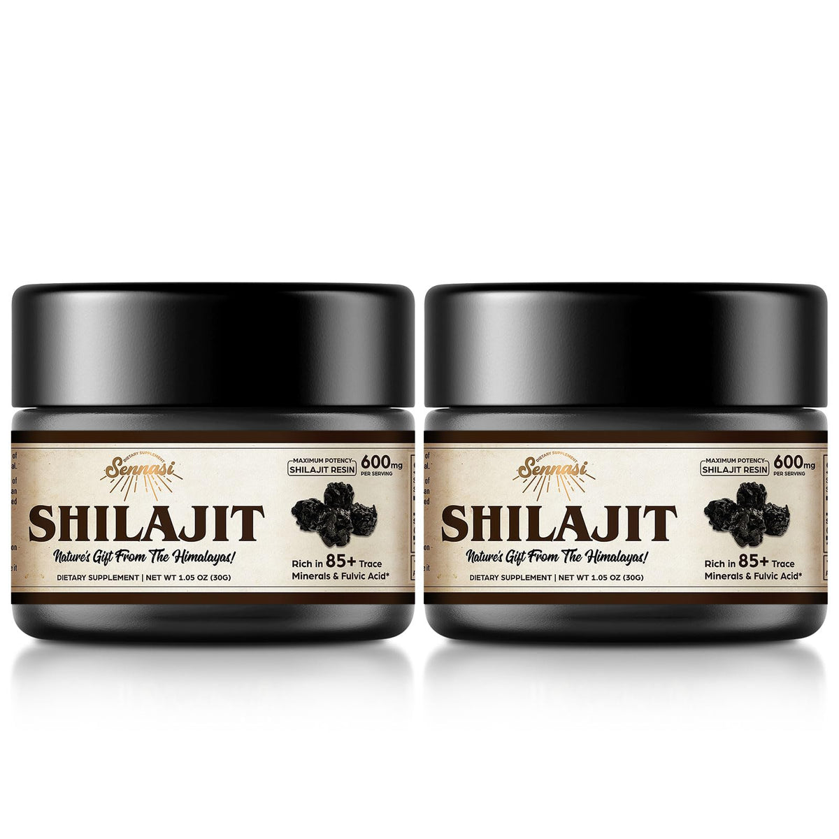 Front view of Sennasi Shilajit resin 30 g bottle with 2-pack labeling
