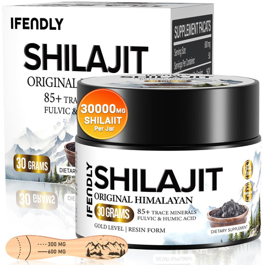 Shilajit resin bottle showing gold-grade 600 mg servings.