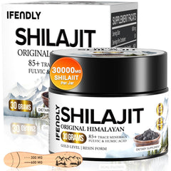 Shilajit resin bottle showing gold-grade 600 mg servings.