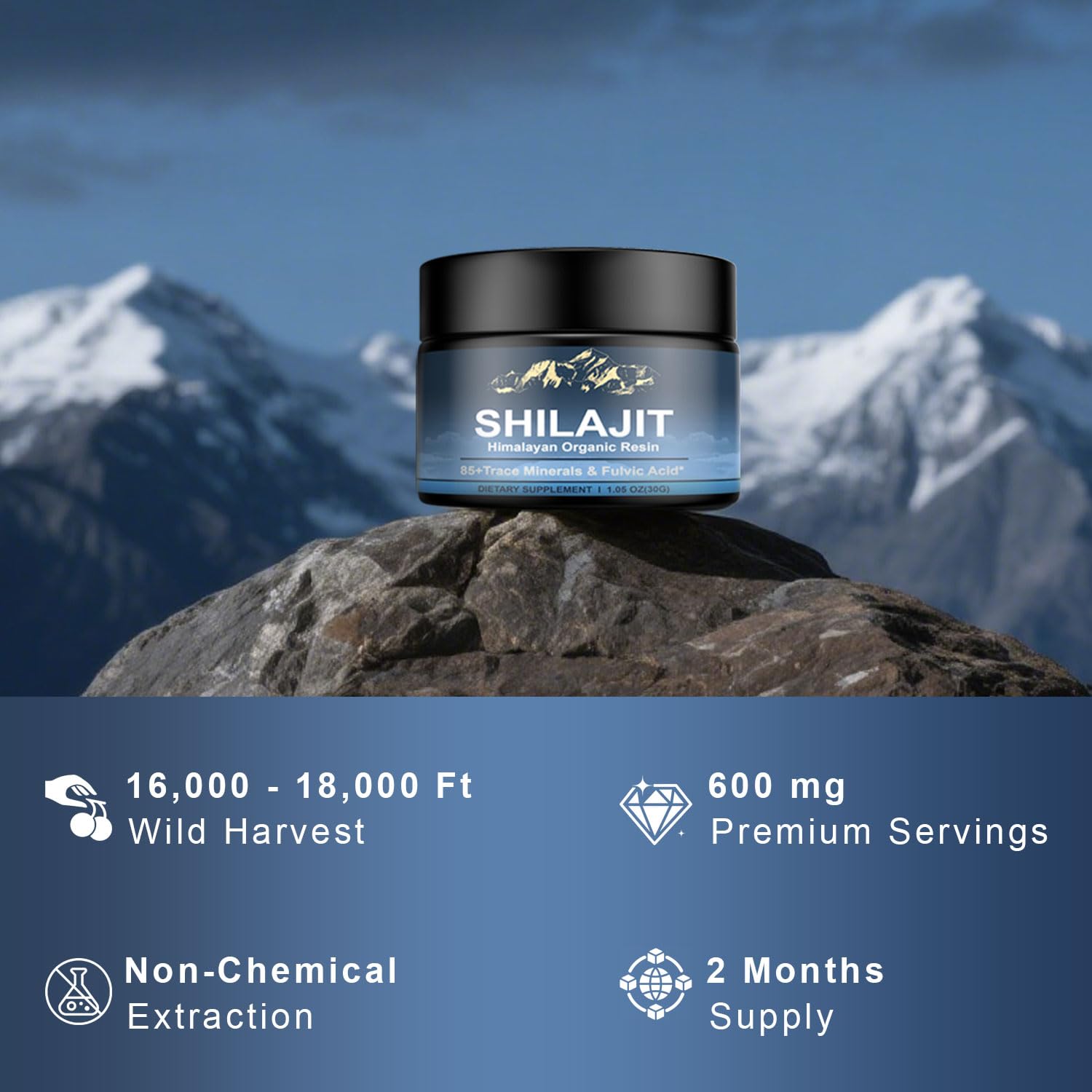 Graphic highlighting 85+ trace minerals and fulvic acid in Shilajit