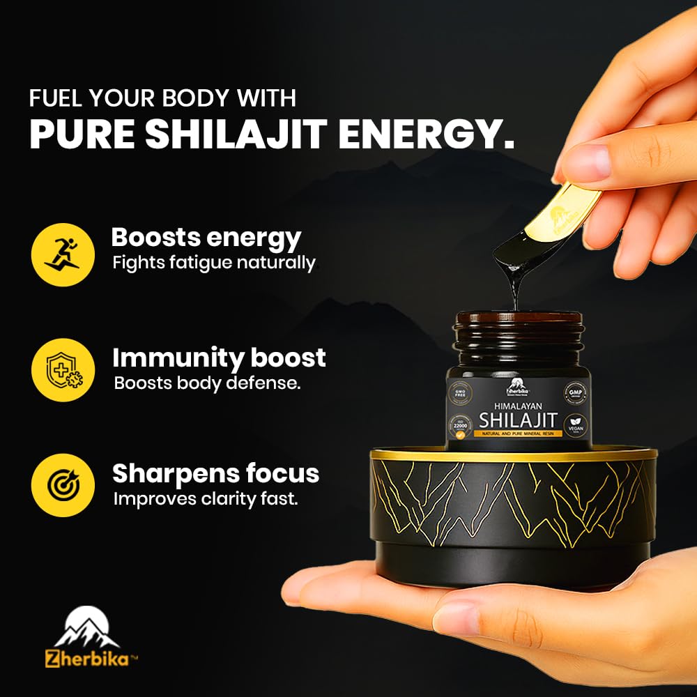 Close-up of Shilajit resin with a scoop