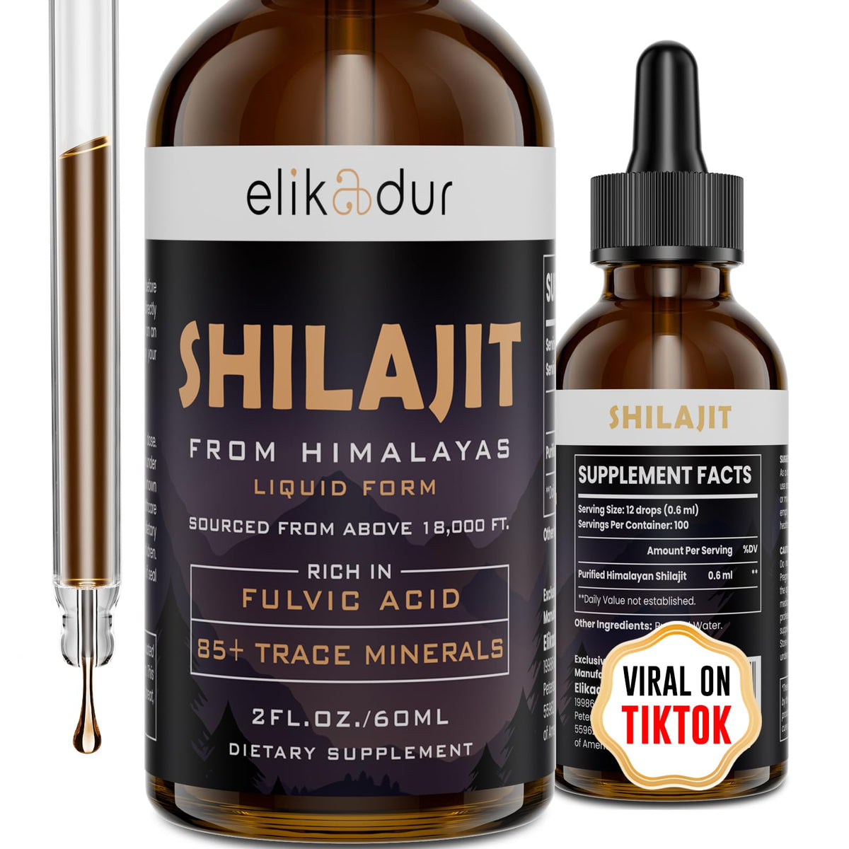 Shilajit resin organic liquid supplement bottle on white