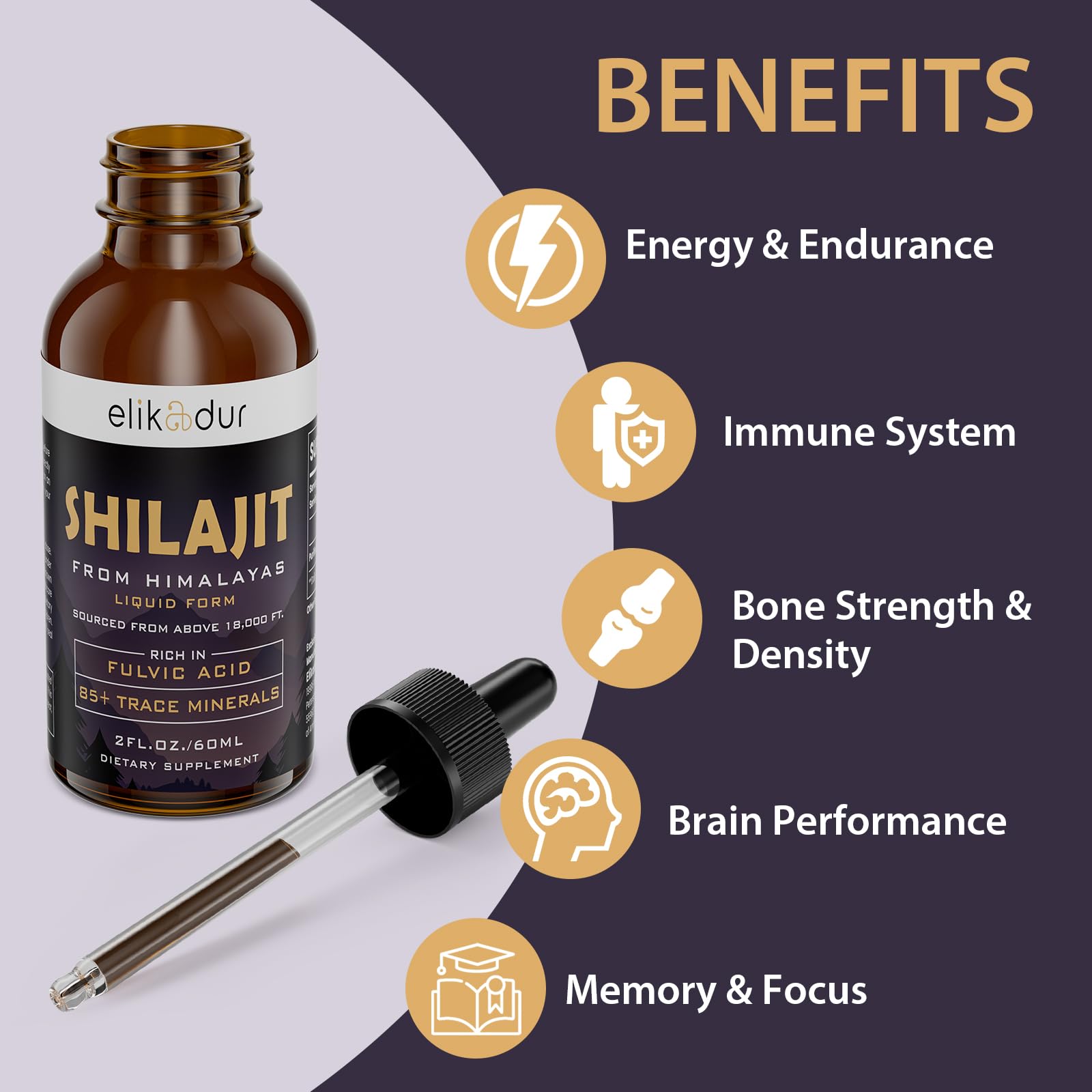Shilajit organic liquid supplement packaging with vegan labeling