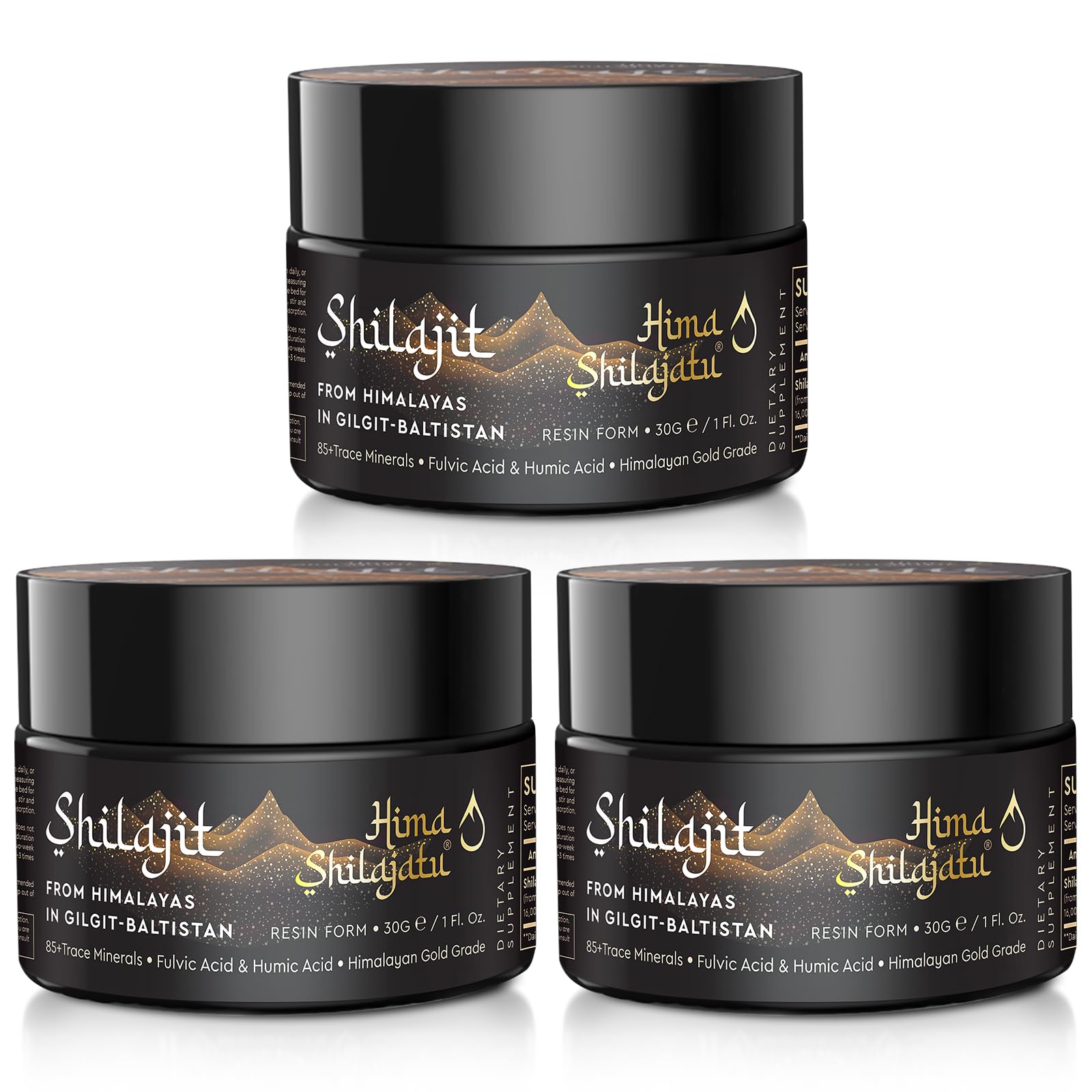 Pack of 3 jars of Shilajit resin with front label