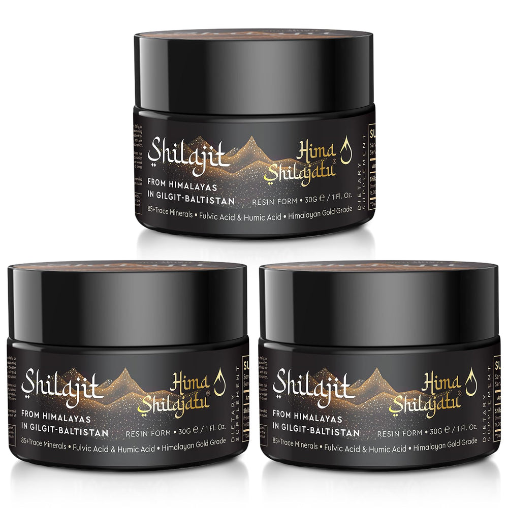 Pack of 3 jars of Shilajit resin with front label