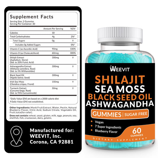 Ingredients close-up: Shilajit, Sea Moss, Black Seed Oil, Ashwagandha