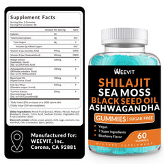Ingredients close-up: Shilajit, Sea Moss, Black Seed Oil, Ashwagandha