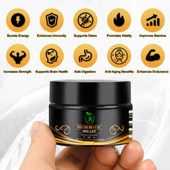 Laboratory lab report showing Shilajit composition (85+ minerals, 75% fulvic acid)