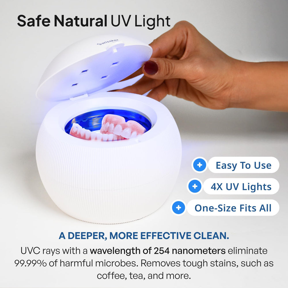 Dentures being cleaned by ShinePod ultrasonic cleaner
