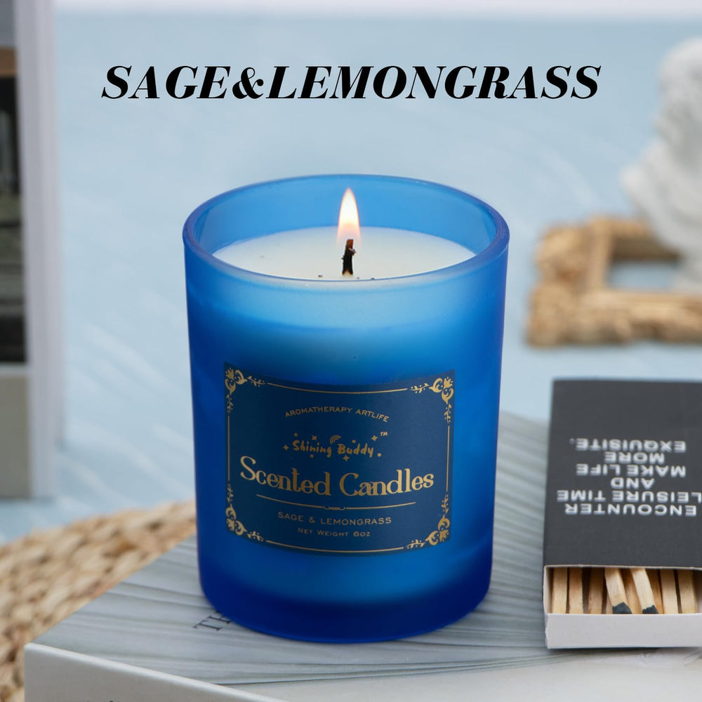 Shining Buddy sage-lemongrass candle in bathroom spa setup, enhancing calm rituals.