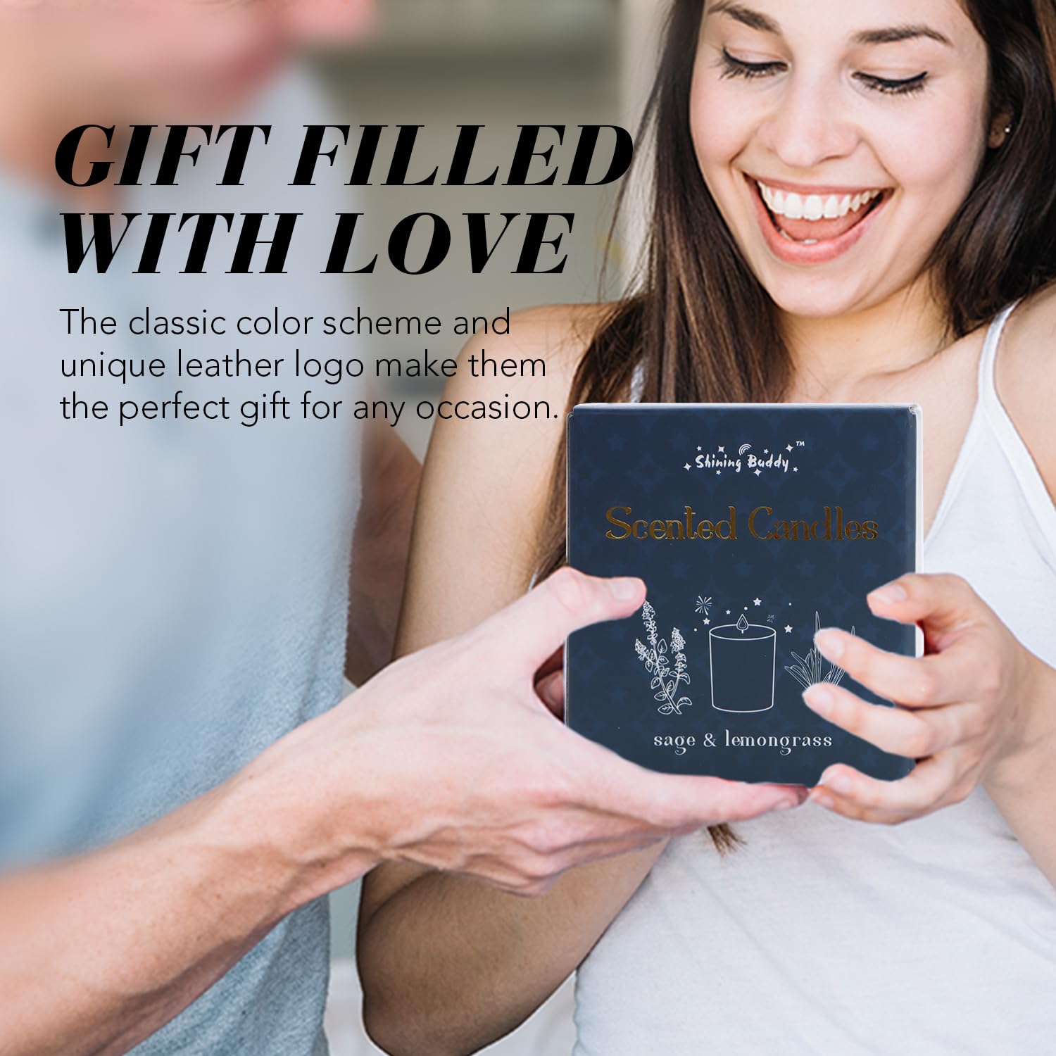 Shining Buddy sage-lemongrass candle reusable-jar, convenient everyday use.