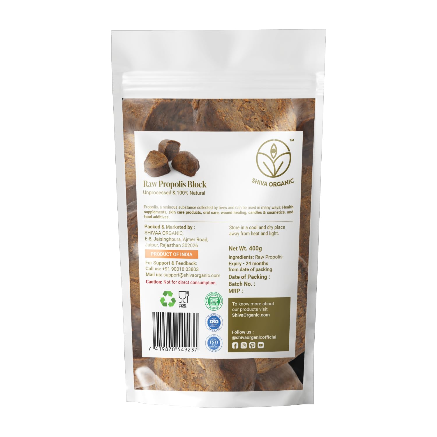 Front view of Shiva Organic Raw Propolis Block 1000g