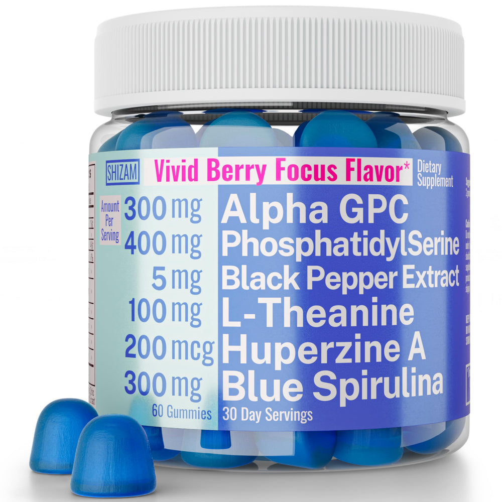SHIZAM Brain Gummies bottle and honey mango bergamot flavor