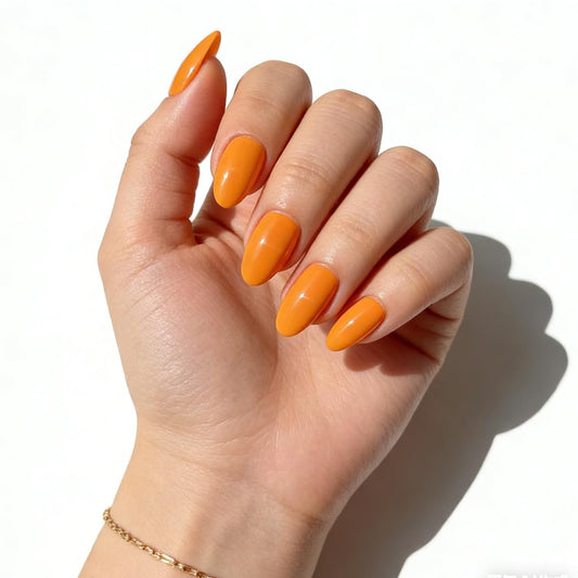 Shoindary orange press-on nails front view with salon-quality shine