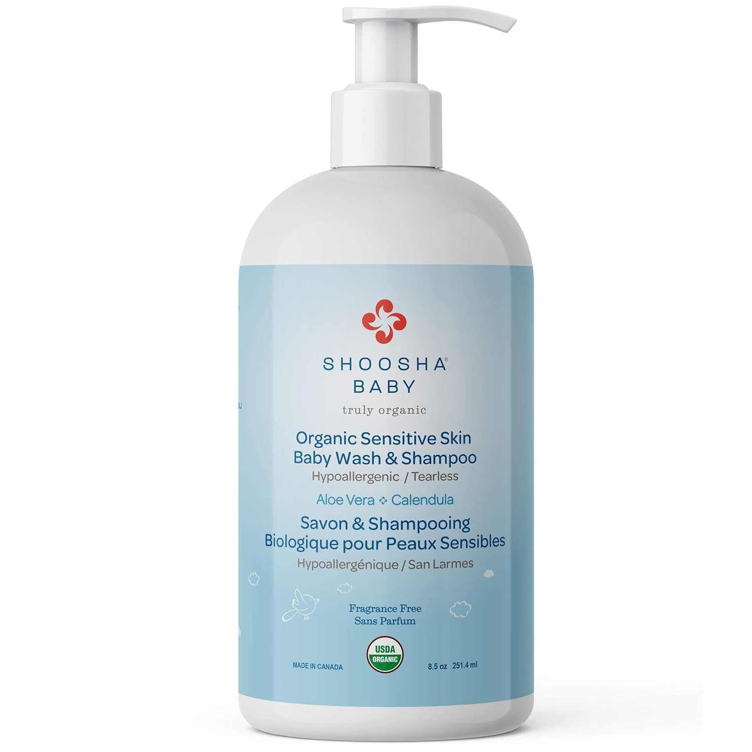 Shoosha Organic Sensitive Skin Baby Body Wash and Shampoo bottle 8.5 oz