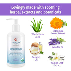 Close-up of aloe leaf juice, coconut oil, calendula extract and lavender oil ingredients