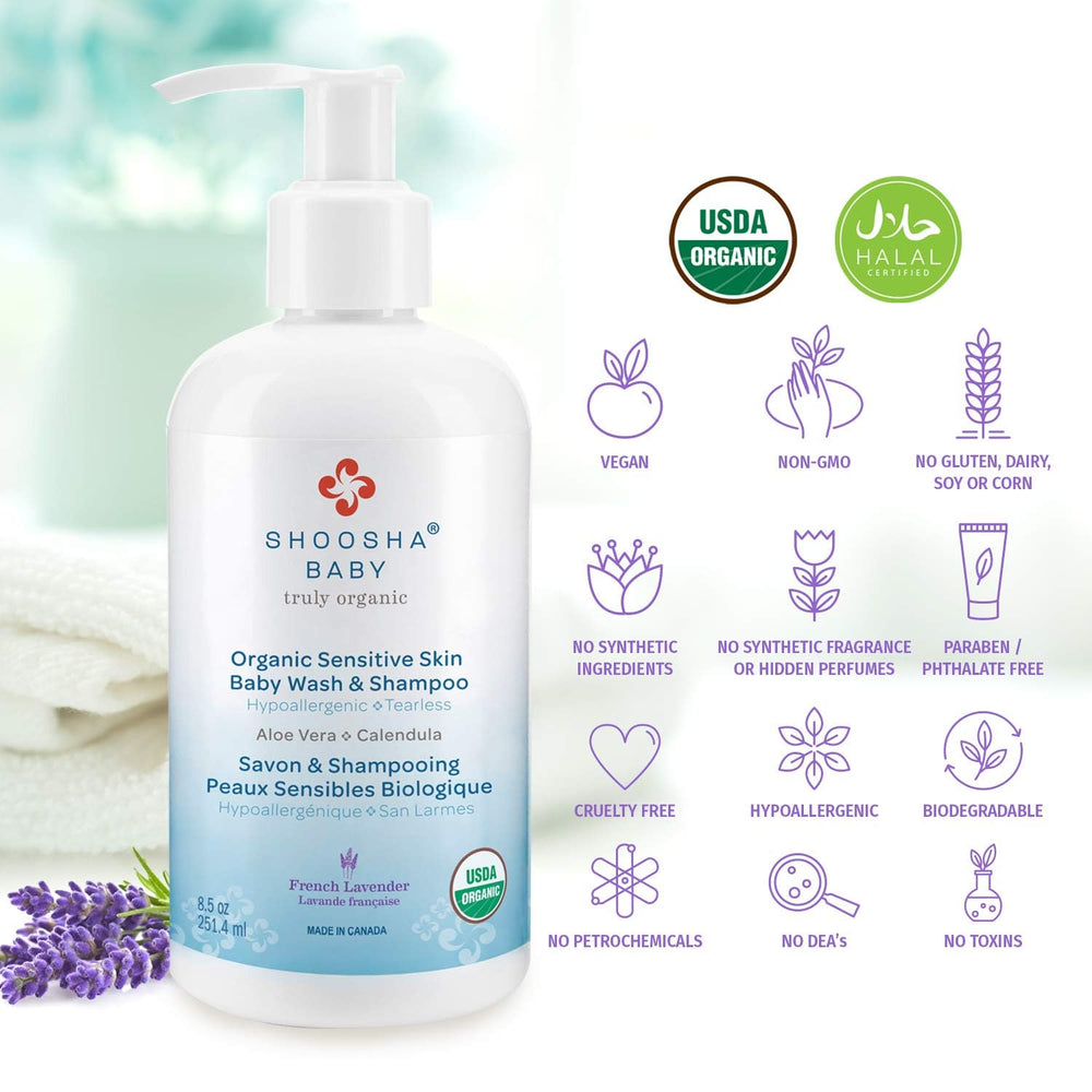 Lavender Vanilla scented baby wash and shampoo bottle with pump