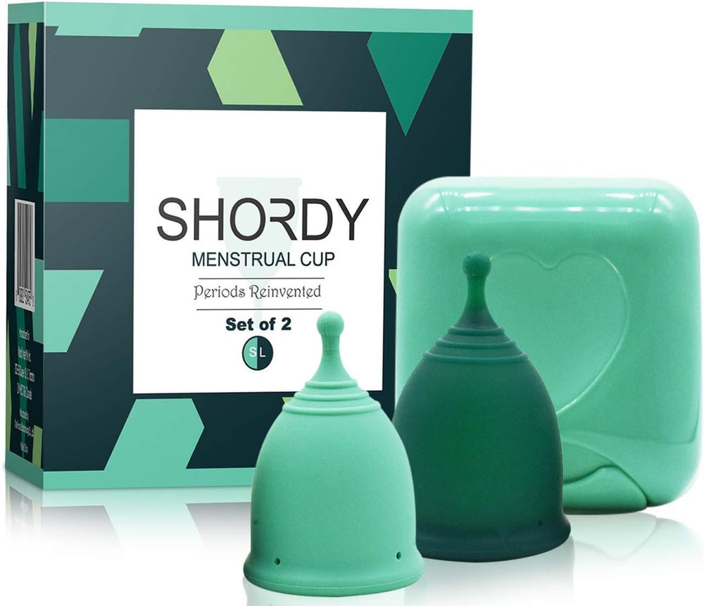 SHORDY cups set box displayed for convenient reusable period care.