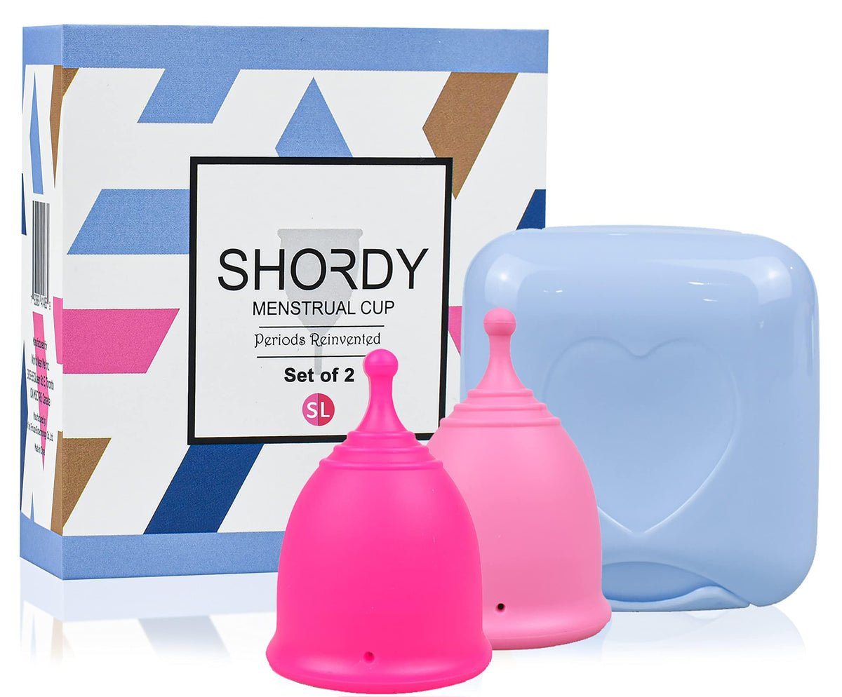 SHORDY menstrual cup set in pink packaging showing two sizes for flexible wear