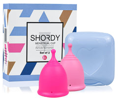 SHORDY menstrual cup set in pink packaging showing two sizes for flexible wear