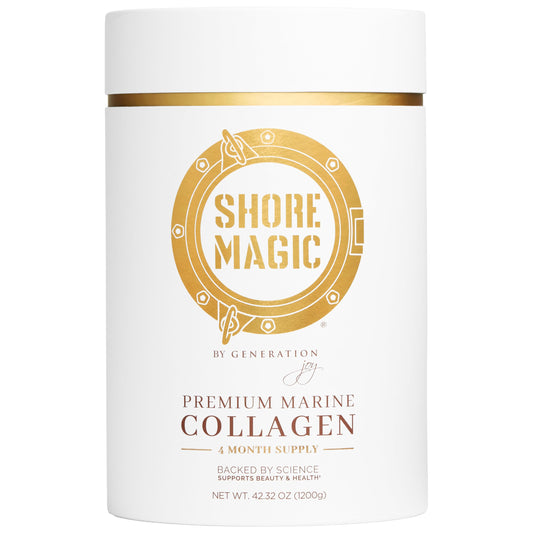 Shore Magic marine collagen powder with gold scoop