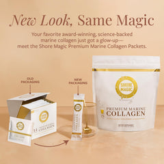 Shore Magic collagen powder scoop highlights precise daily measurement.