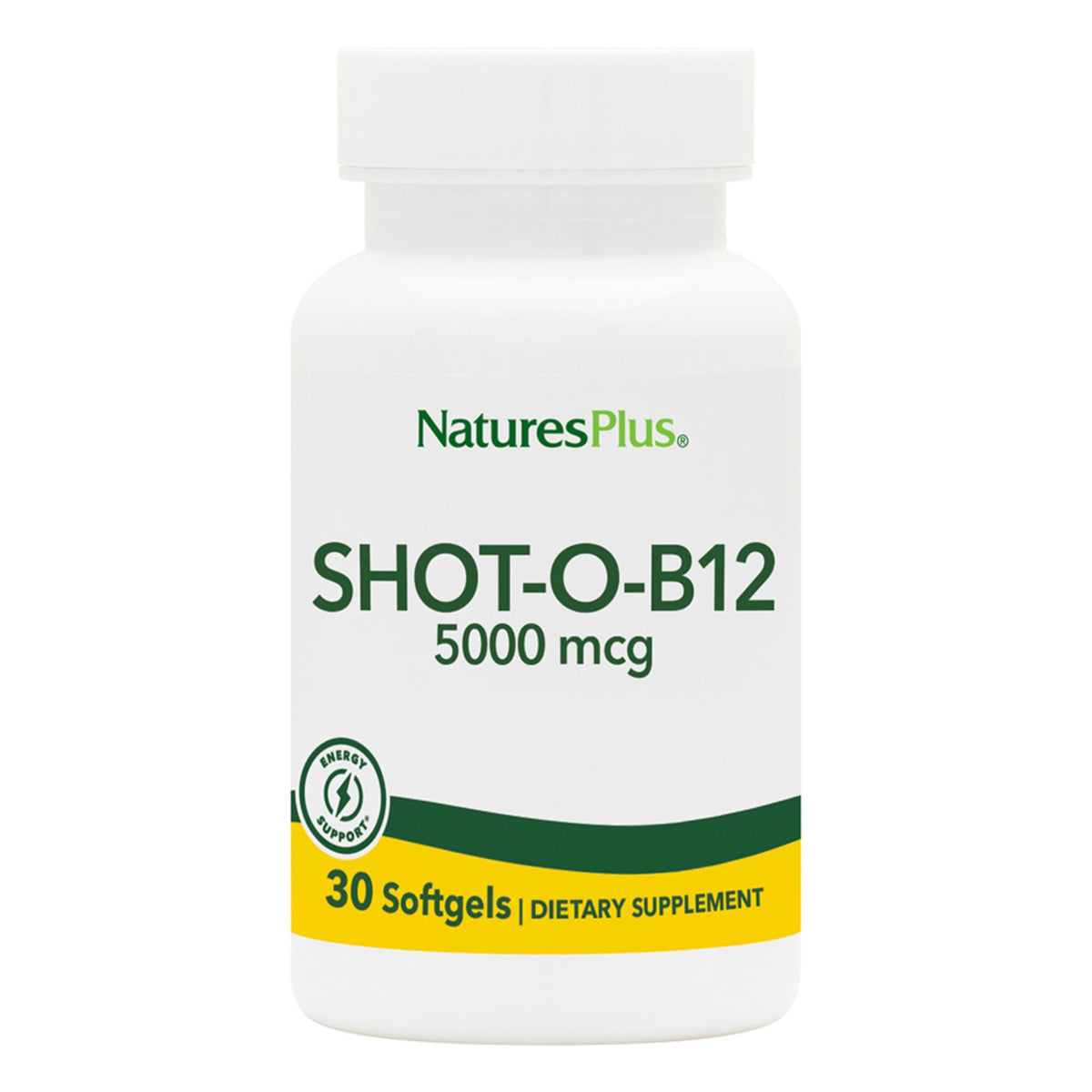 Front of Natures Plus Shot-O-B12 bottle and packaging