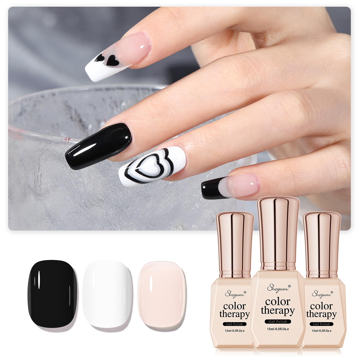 SHOYUM gel nail polish kit main shot with three colors for at-home manicure