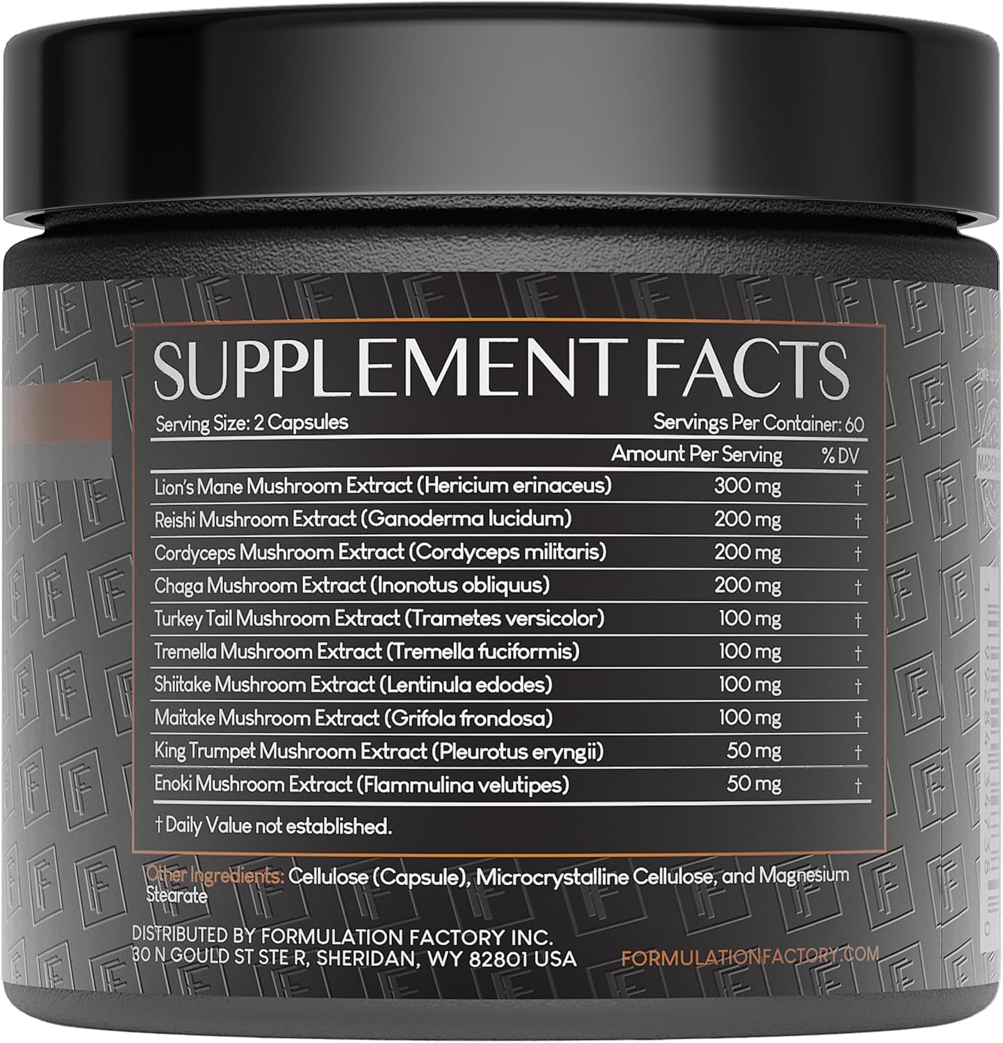 Bottle back label showing supplement facts of Shroom Vroom