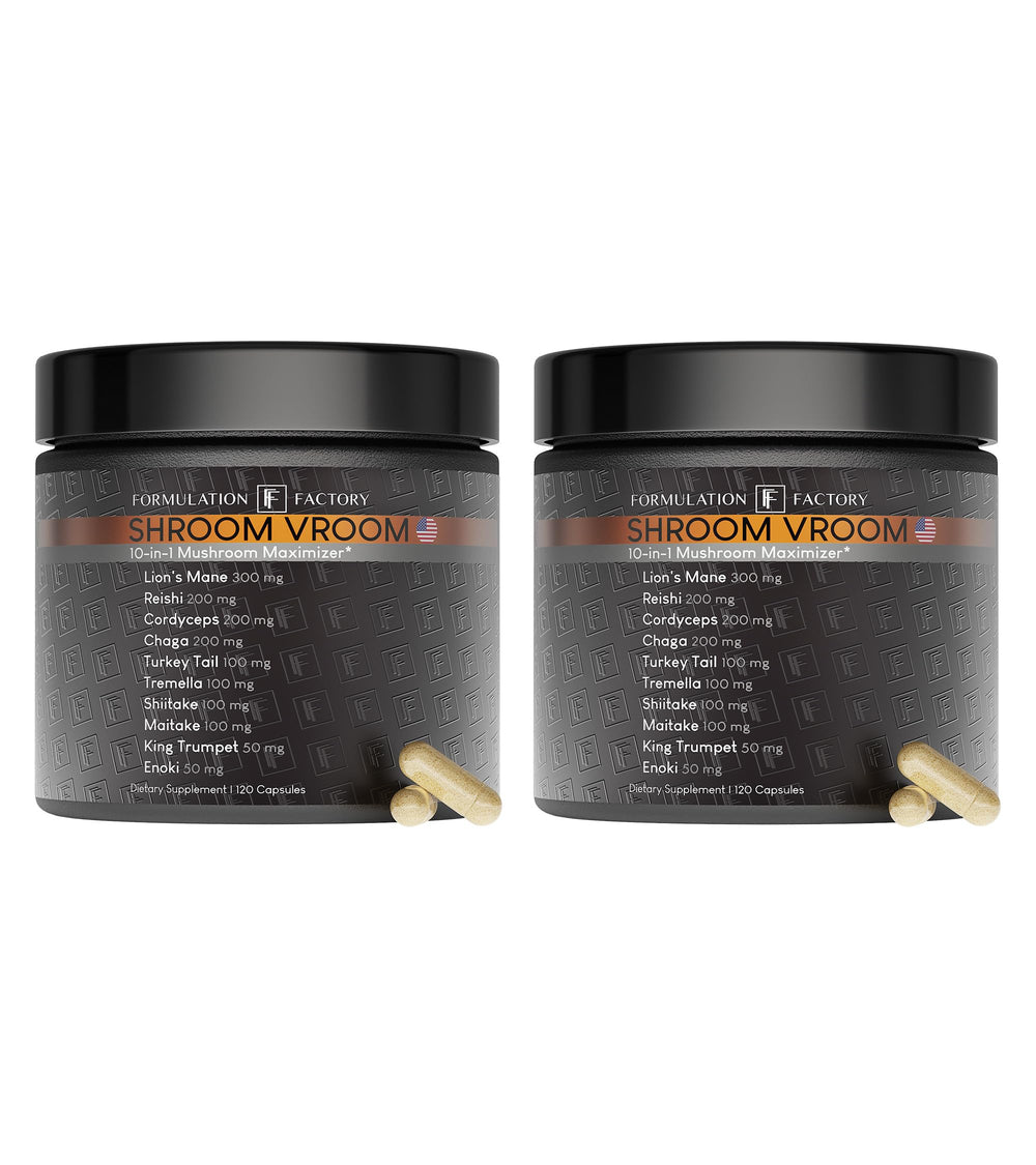 Front view of Formulation Factory Shroom Vroom 2-pack packaging
